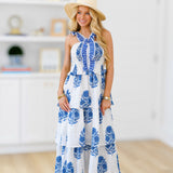 Sicialy Floral Ruffle Tier Maxi Dress  - White/Blue Blockprint