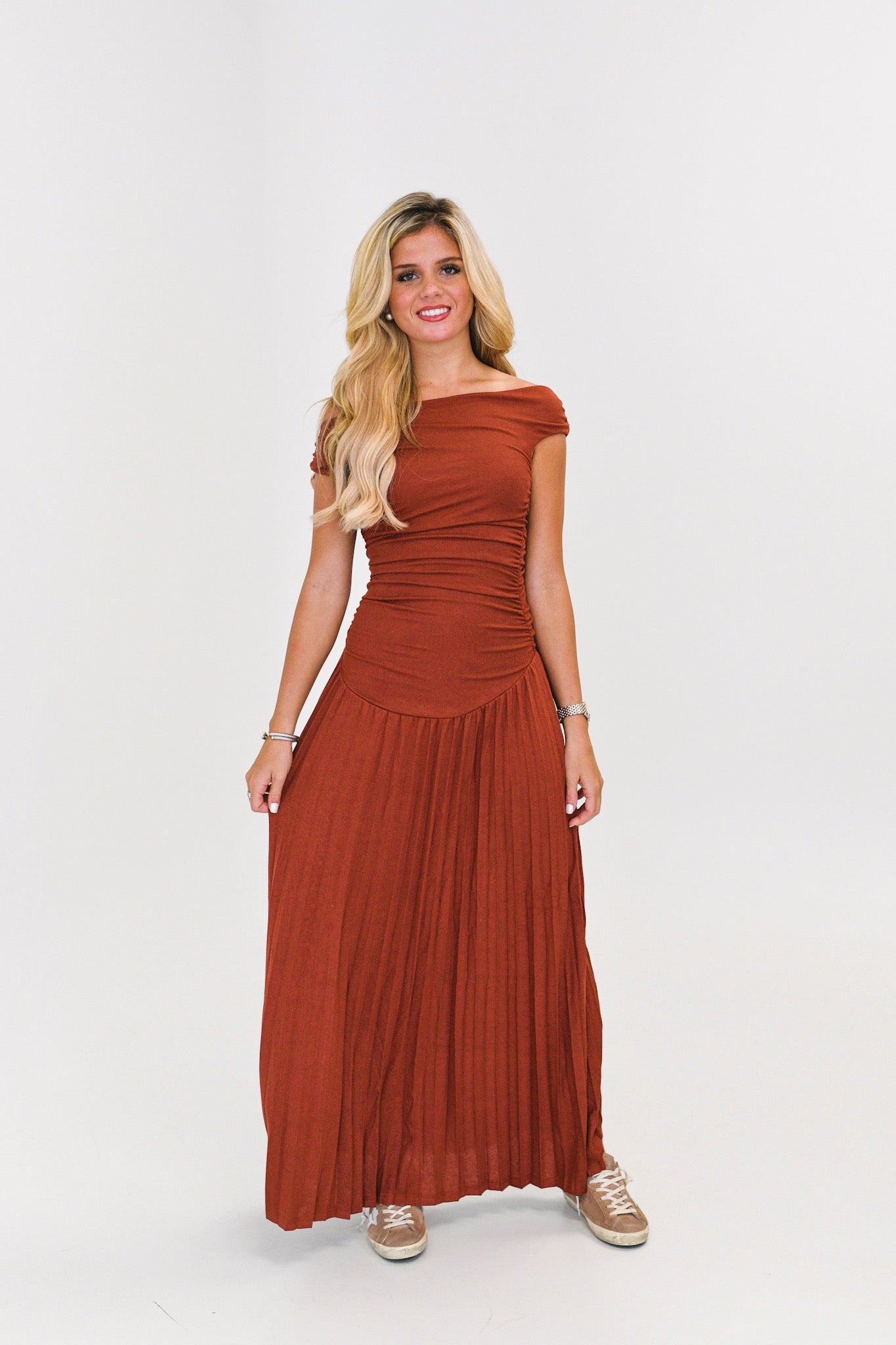 Harlie One-Shoulder Ruched Maxi Dress-Spice Brown