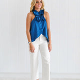 Lennox Satin Sleeveless Halter Neck Front 3D Flower - Navy