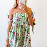 Azalea Strapless Mini Dress - Green Pinstripe Floral