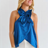Lennox Satin Sleeveless Halter Neck Front 3D Flower - Navy