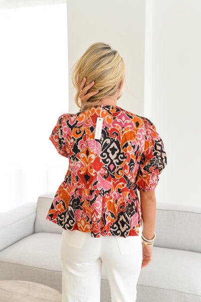 Hallee Printed Tie Top-Rust/Pink