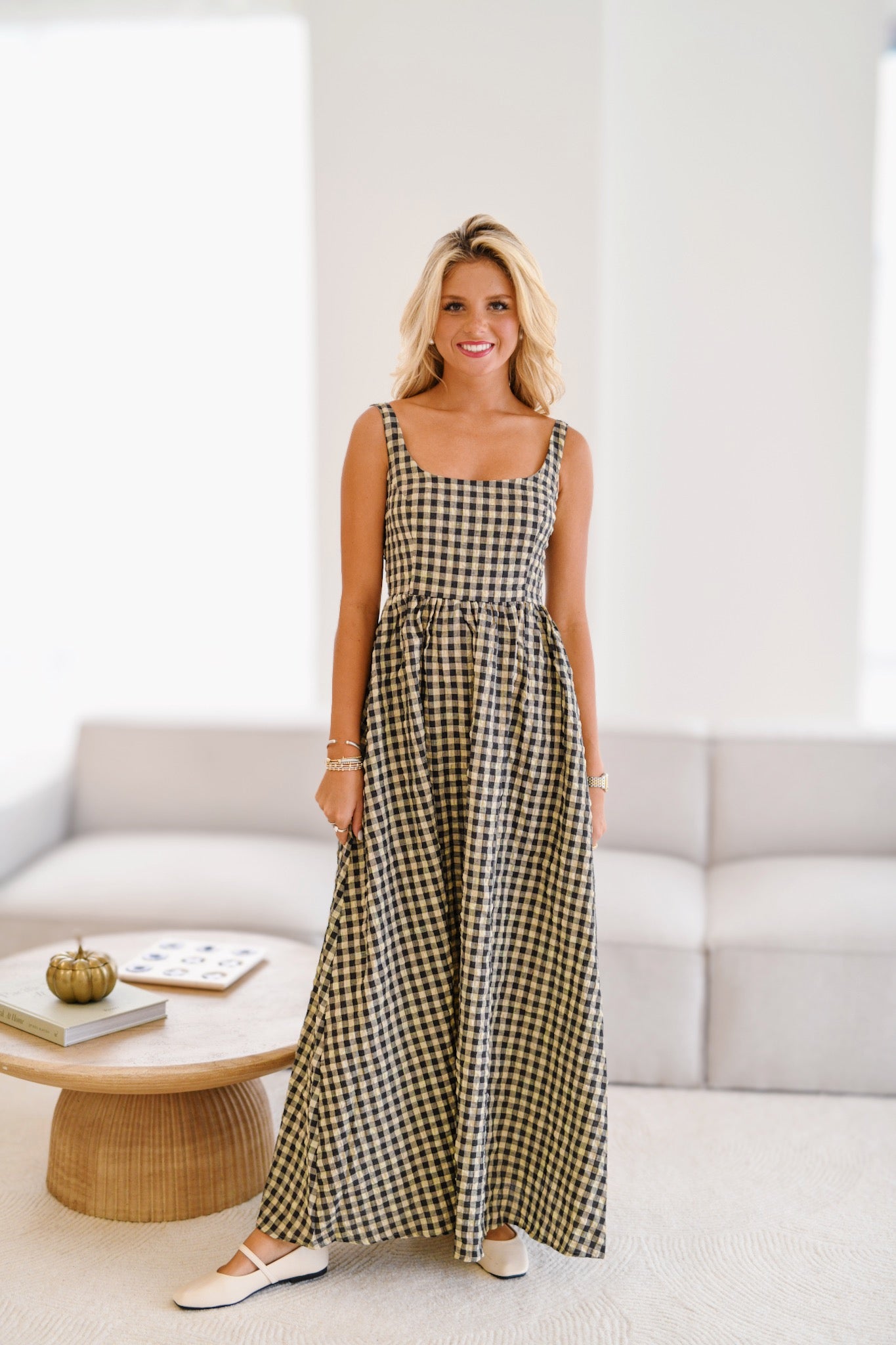 Sara Gingham Print Maxi Dress - Natural Checker