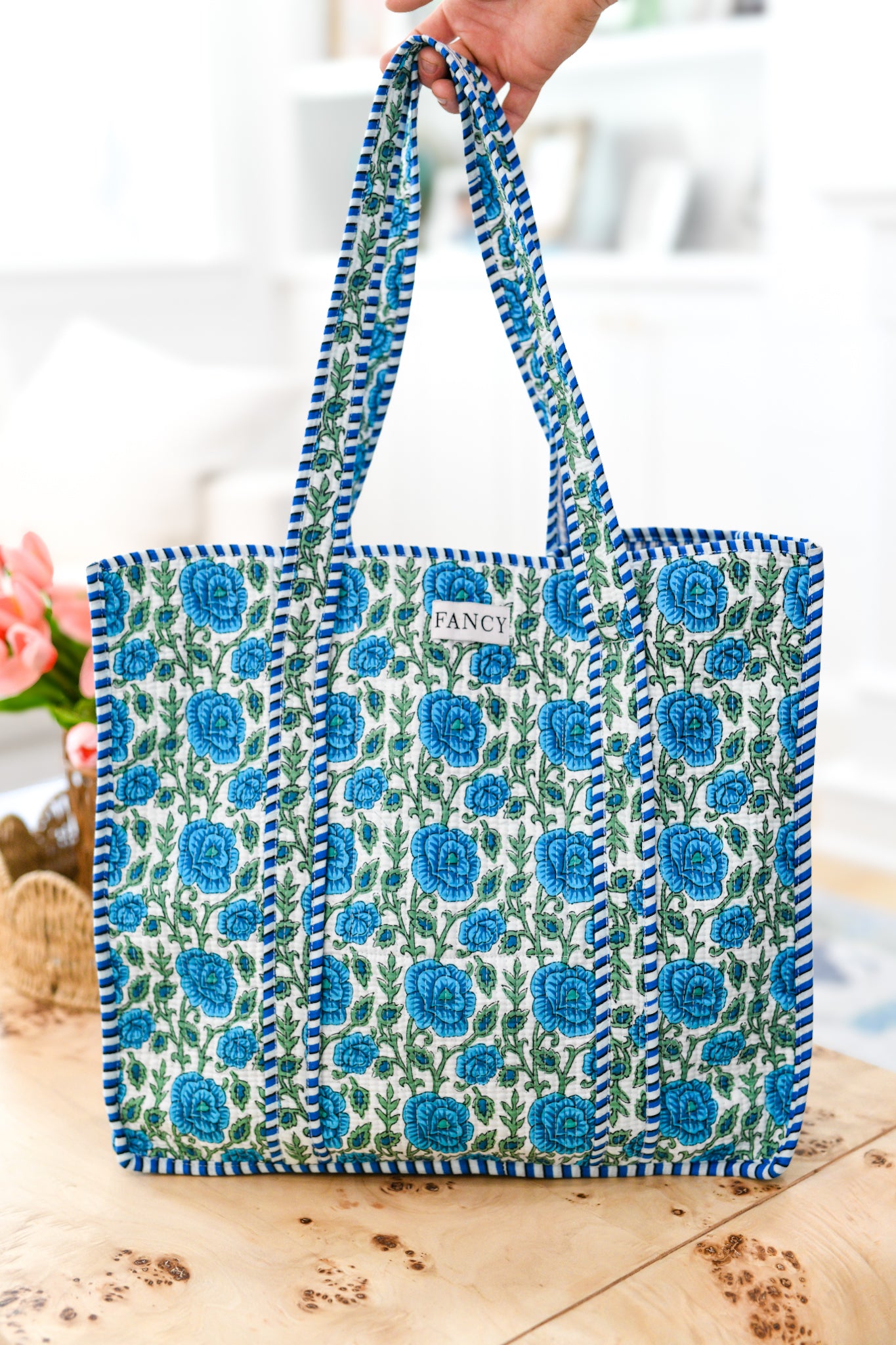 Stacey Floral Quilted Tote Bag - Blue/Green