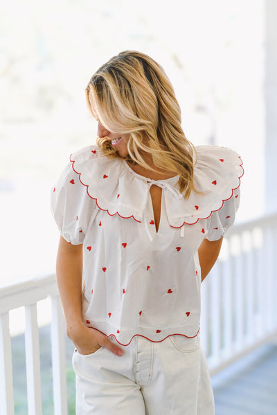 Meredith Heart Embroidered Top - White/Red