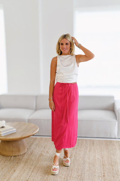 Audrey Midi Satin Skirt - Fuchsia