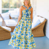 Isa Floral Ruffle Skirt Top Set - Blue/Green