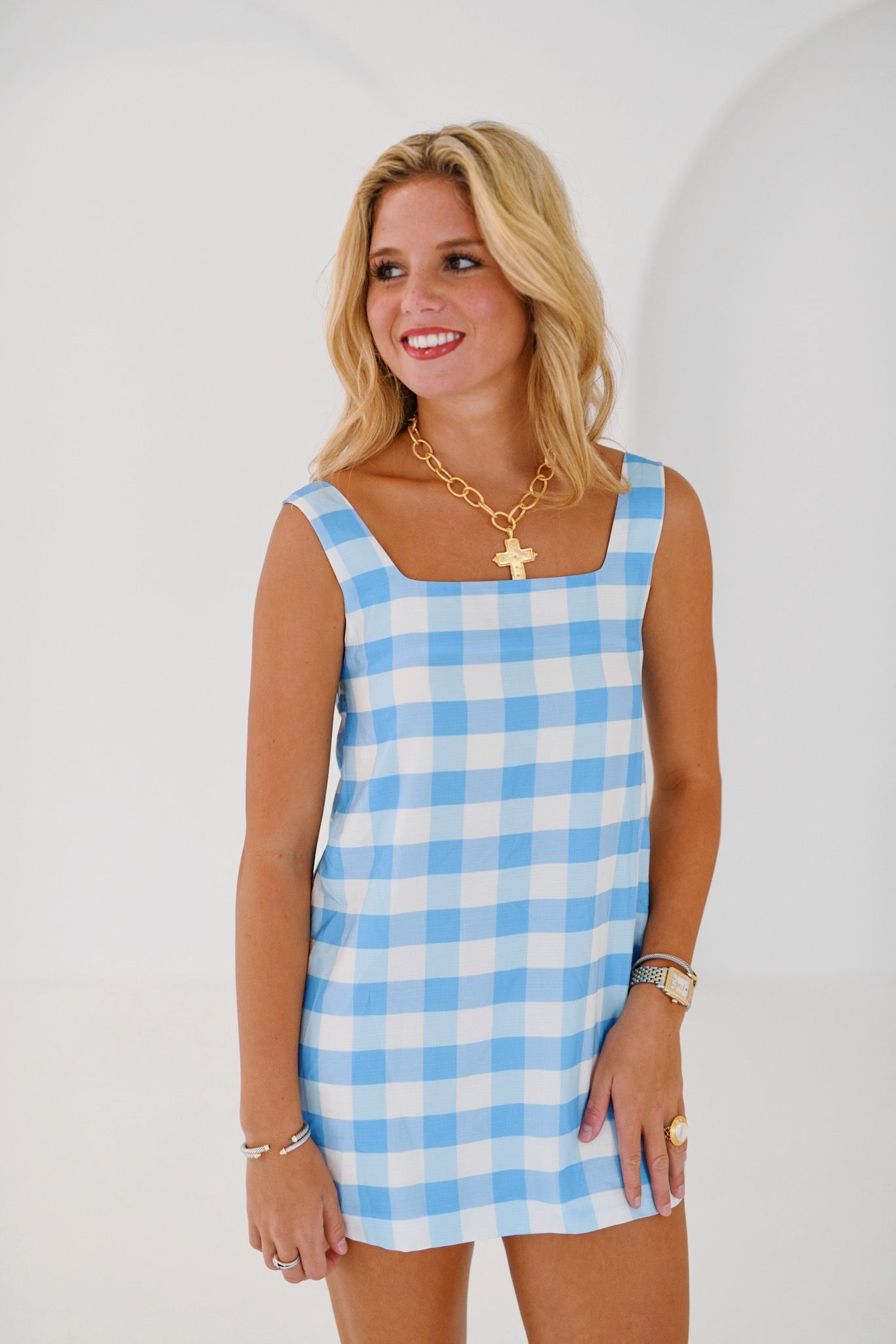 Daisy Checkered Dress - Light Blue