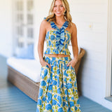 Isa Floral Ruffle Skirt Top Set - Blue/Green