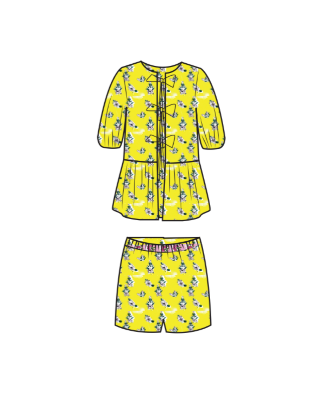 Leah Tie Front and Shorts Set - Yellow/Pink (PREORDER)