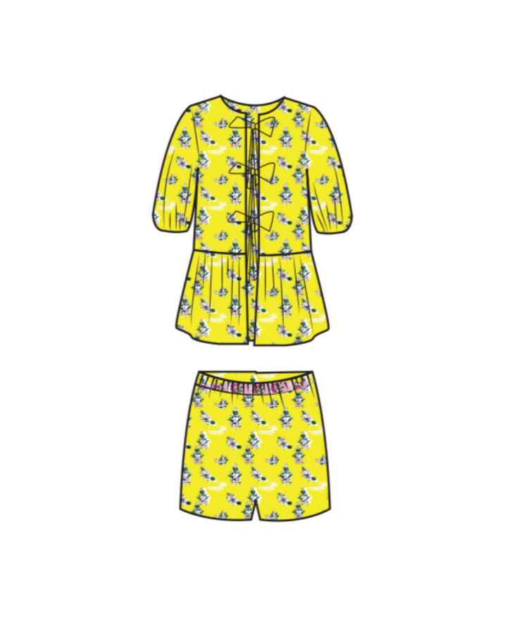 Leah Tie Front and Shorts Set - Yellow/Pink (PREORDER)