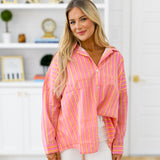 Izzy Striped Button Down Top -  Pink/Orange Thick Striped