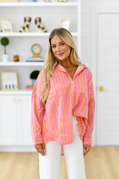 Izzy Button Down Top -  Pink/Orange Thick Striped