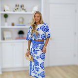 Veronica Linen Floral Skirt Set-Off White/Blue