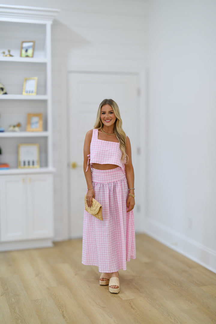 Lila Gingham Midi Skirt Set - Pink