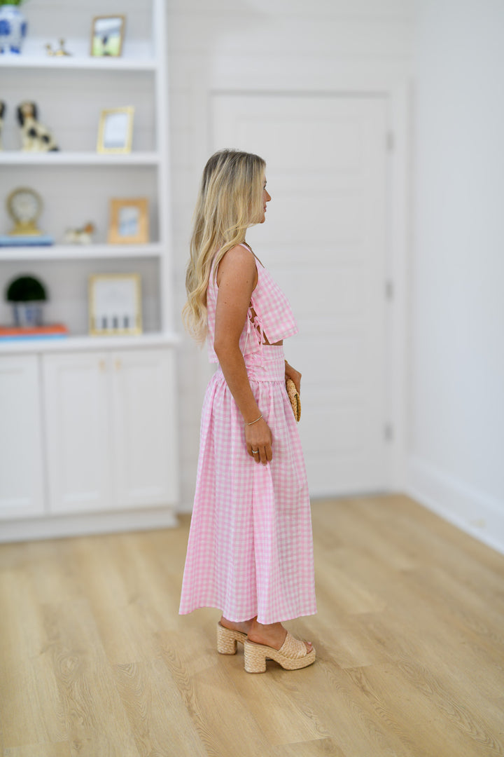 Lila Gingham Midi Skirt Set - Pink