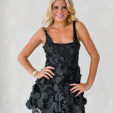 Venetia Square Neckline 3D Floral Embroidered Dress - Black