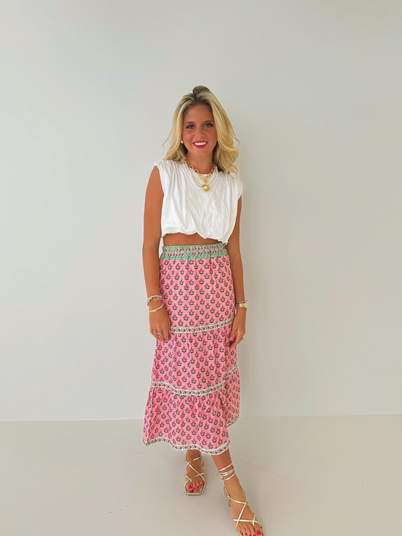 Charlotte Floral Tiered Midi Skirt-Pink/Green