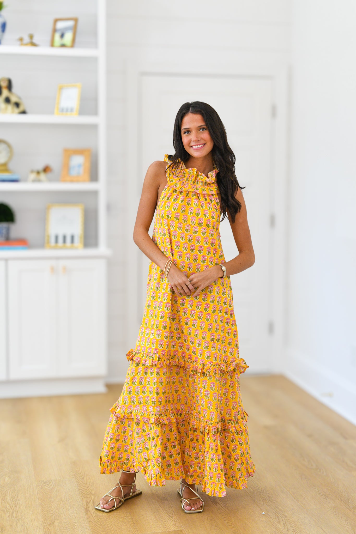 Penelope Frill Neck Maxi Dress - Yellow BlockPrint