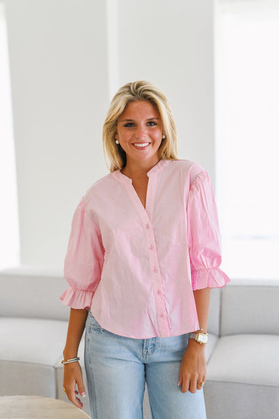 Zoey Button Down Bubble Sleeve Top - Baby Pink