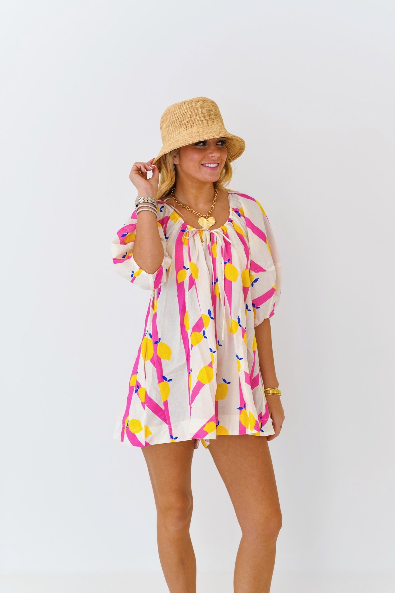 Millie Yellow Limes Striped Romper - White/Pink