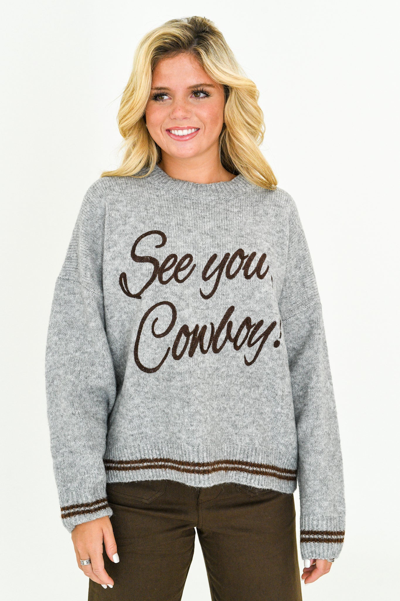 See you, Cowboy! Pullover Sweater-Heather Grey