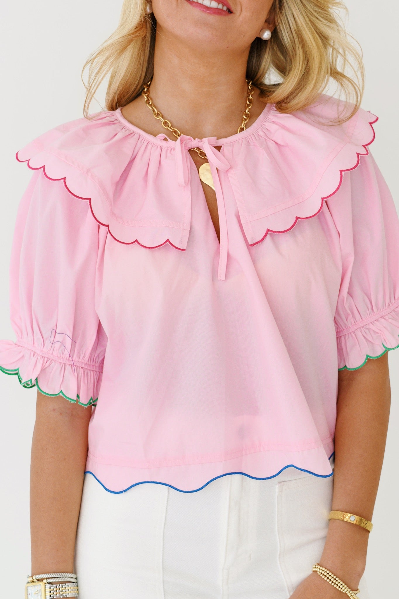 Jenni Poplin Scalloped Top - Pink/Multi