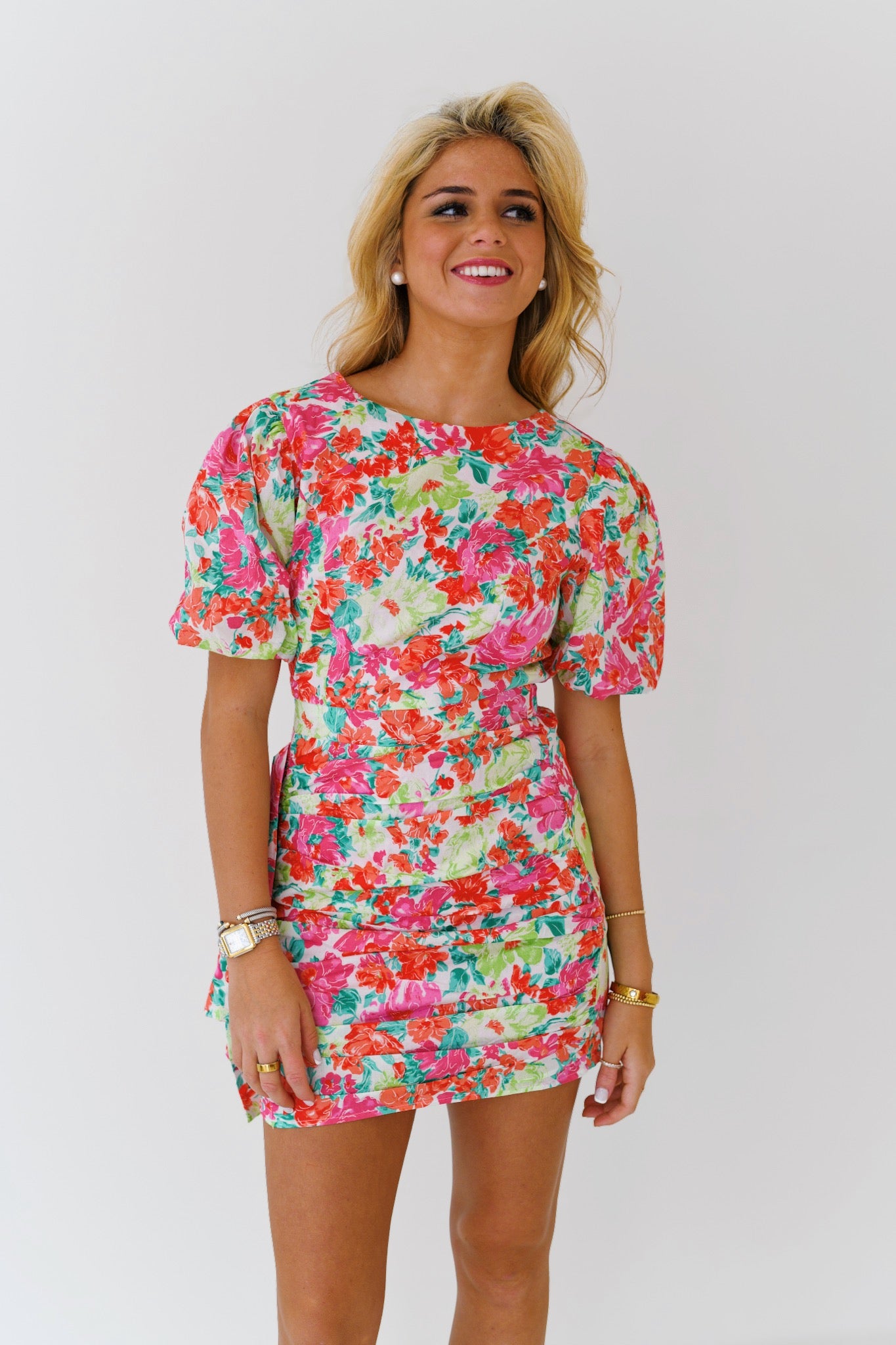 Shelby Ruched Puff Sleeve Floral Mini Dress - Pink Multi