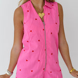 Emma Heart Embroidered Denim Romper - Pink/Red