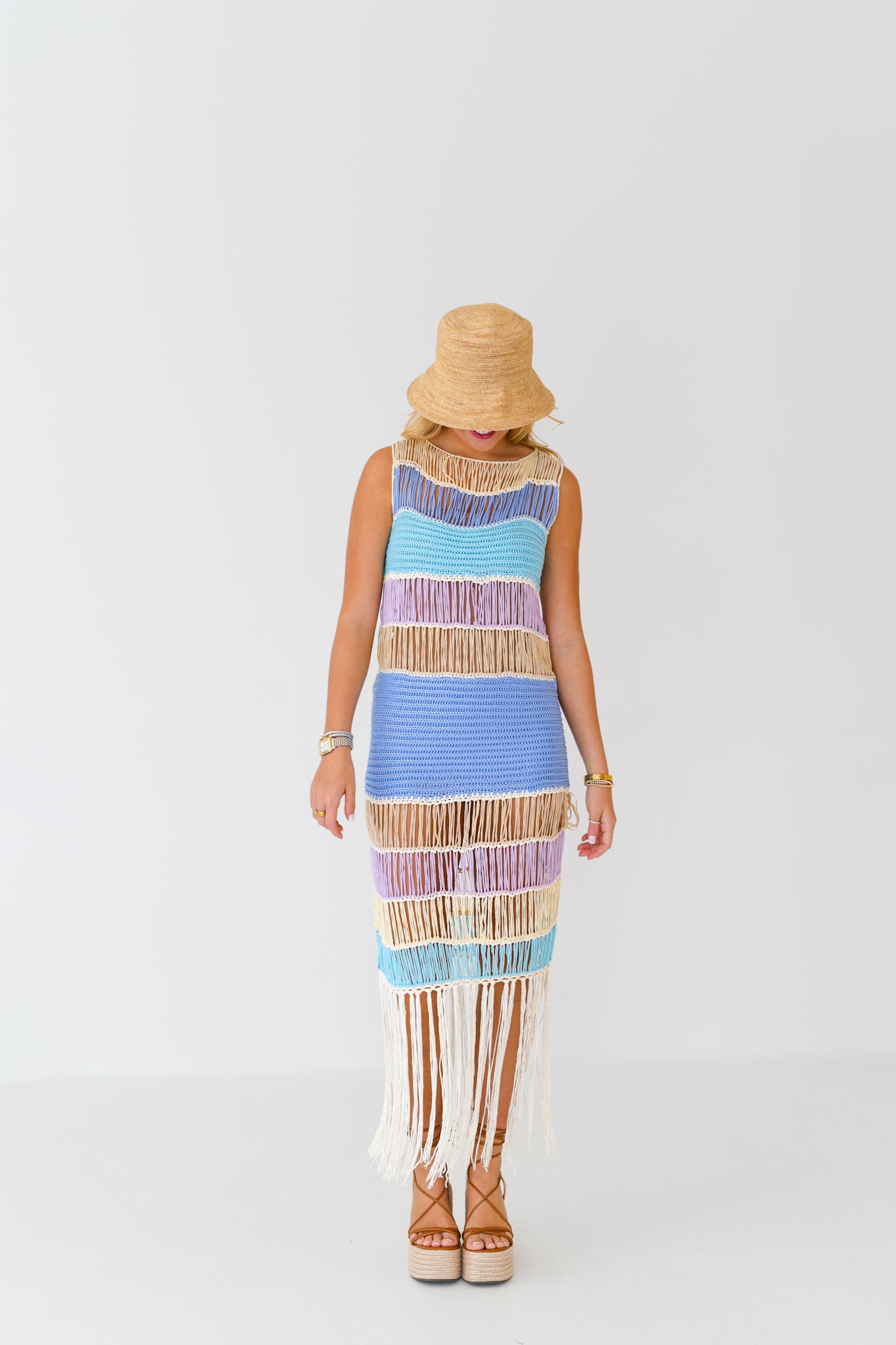 Kassidi Fringed Crochet Knit Dress - Periwinkle Multi