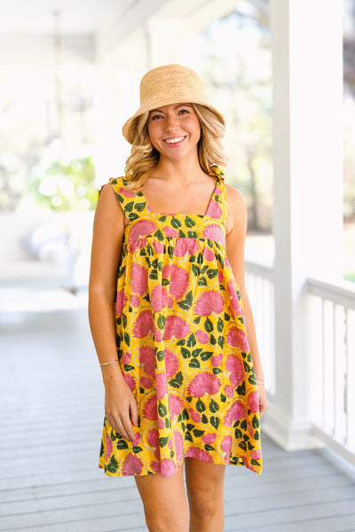 Low Country Summer Mini Tie Dress - Yellow/Pink Flowers