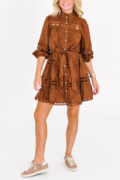 Becca Eyelet Tie Mini Dress - Brown