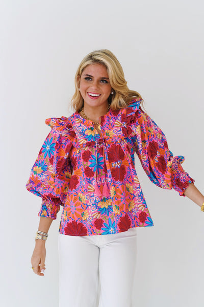 Summer Floral Puff Sleeve Top- Pink Multi