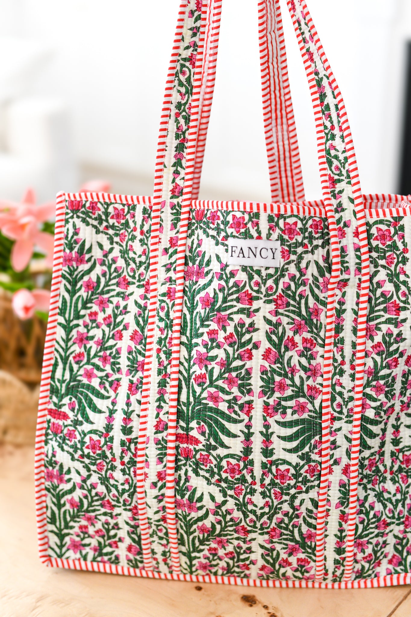 Taylor Floral Quilted Tote Bag - Pink/Green