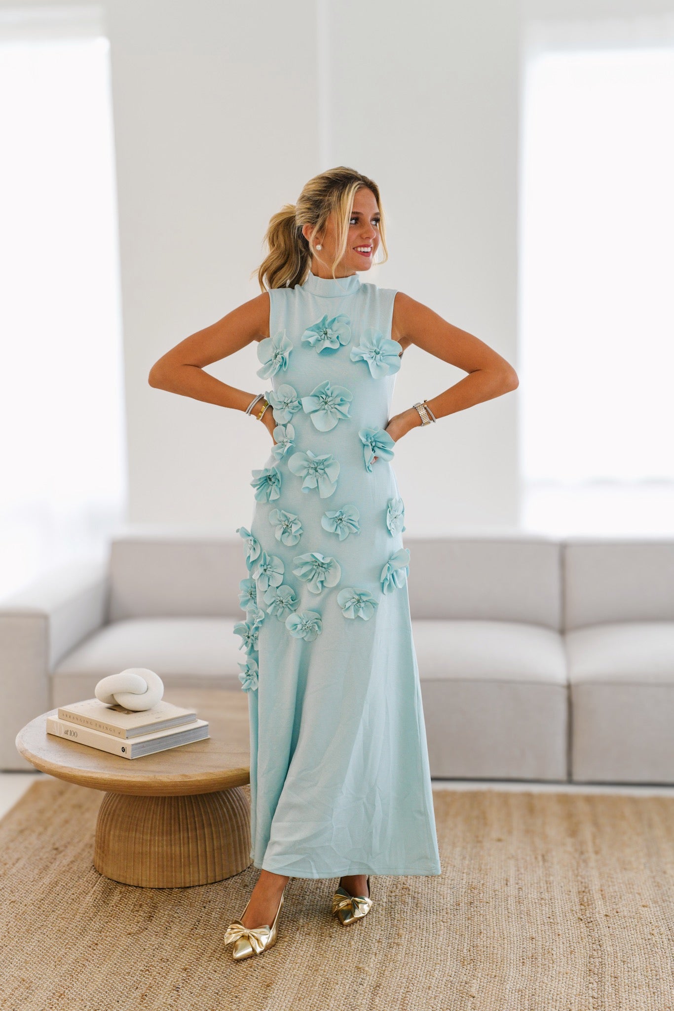 Fanci Floral Applique High Neck Maxi-Mint Blue