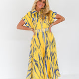 Emme Zebra Print Belted Midi Dress - Yellow/Blue Multi
