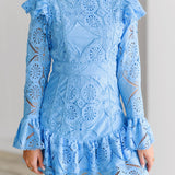 Kimmy Lace Ruffle Long Sleeve Mini Dress-Skyblue