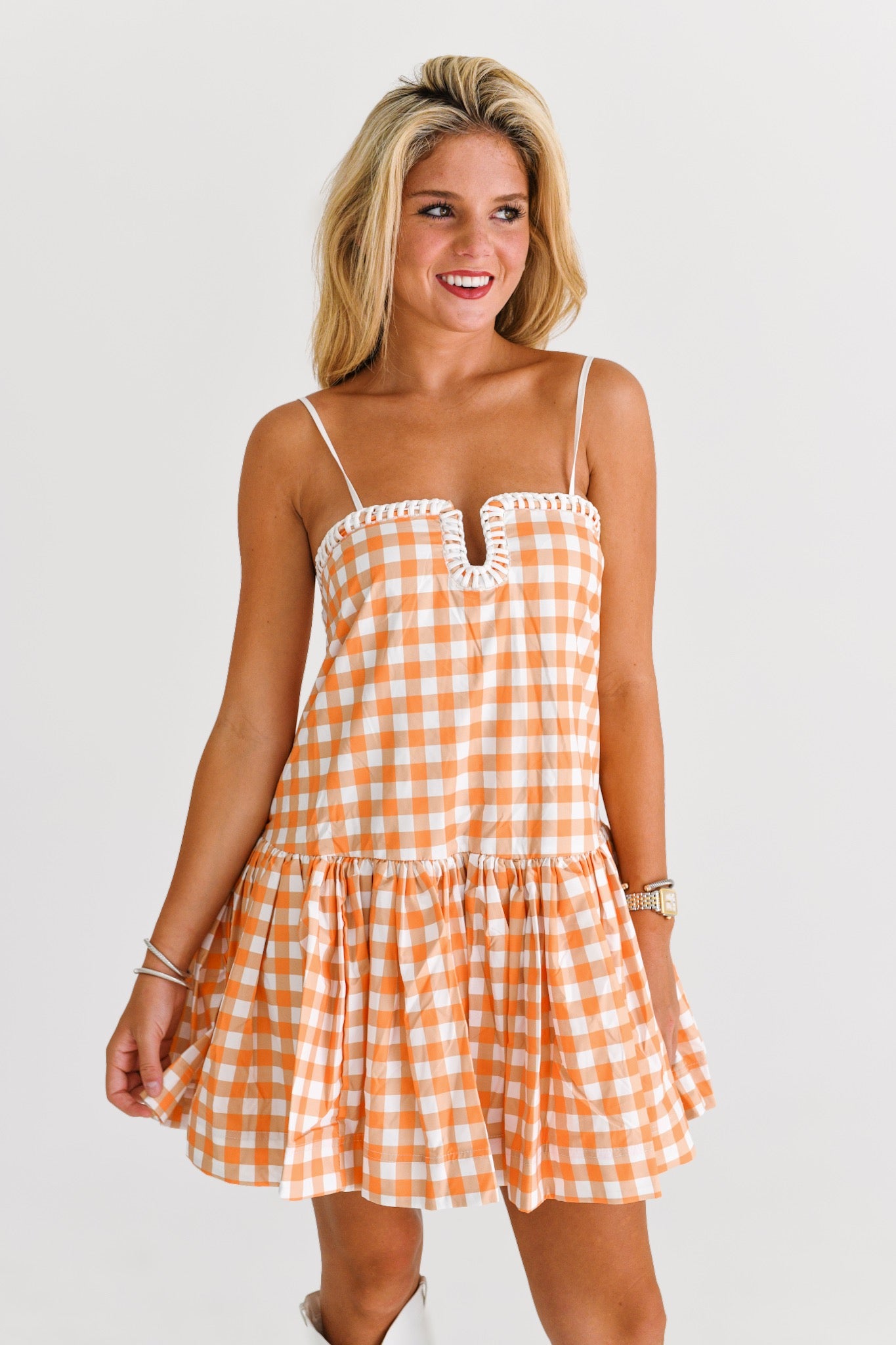 Serena Sweetheart Dress - Orange Gingham