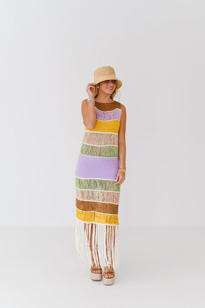 Alex Fringed Crochet Knit Dress - Lavender Multi