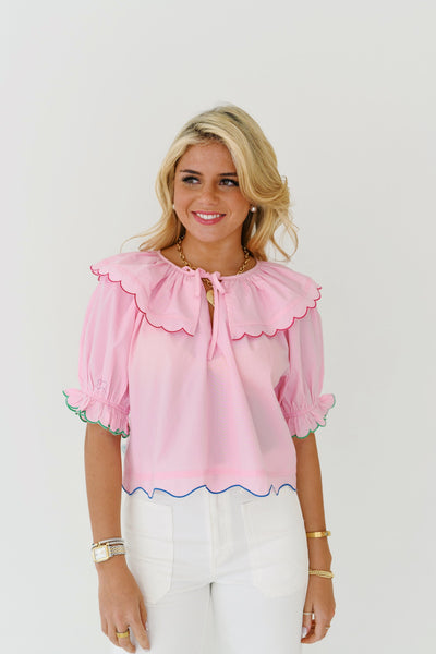 Jenni Poplin Scalloped Top - Pink/Multi