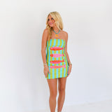 Anabelle Fish Strapless Mini Dress - Lime/Turquoise Stripes