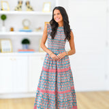 Tegan Smocking Tier Maxi Dress - Blue/Red