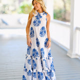 Kenni Frill Neck Maxi Dress - White/Blue Block