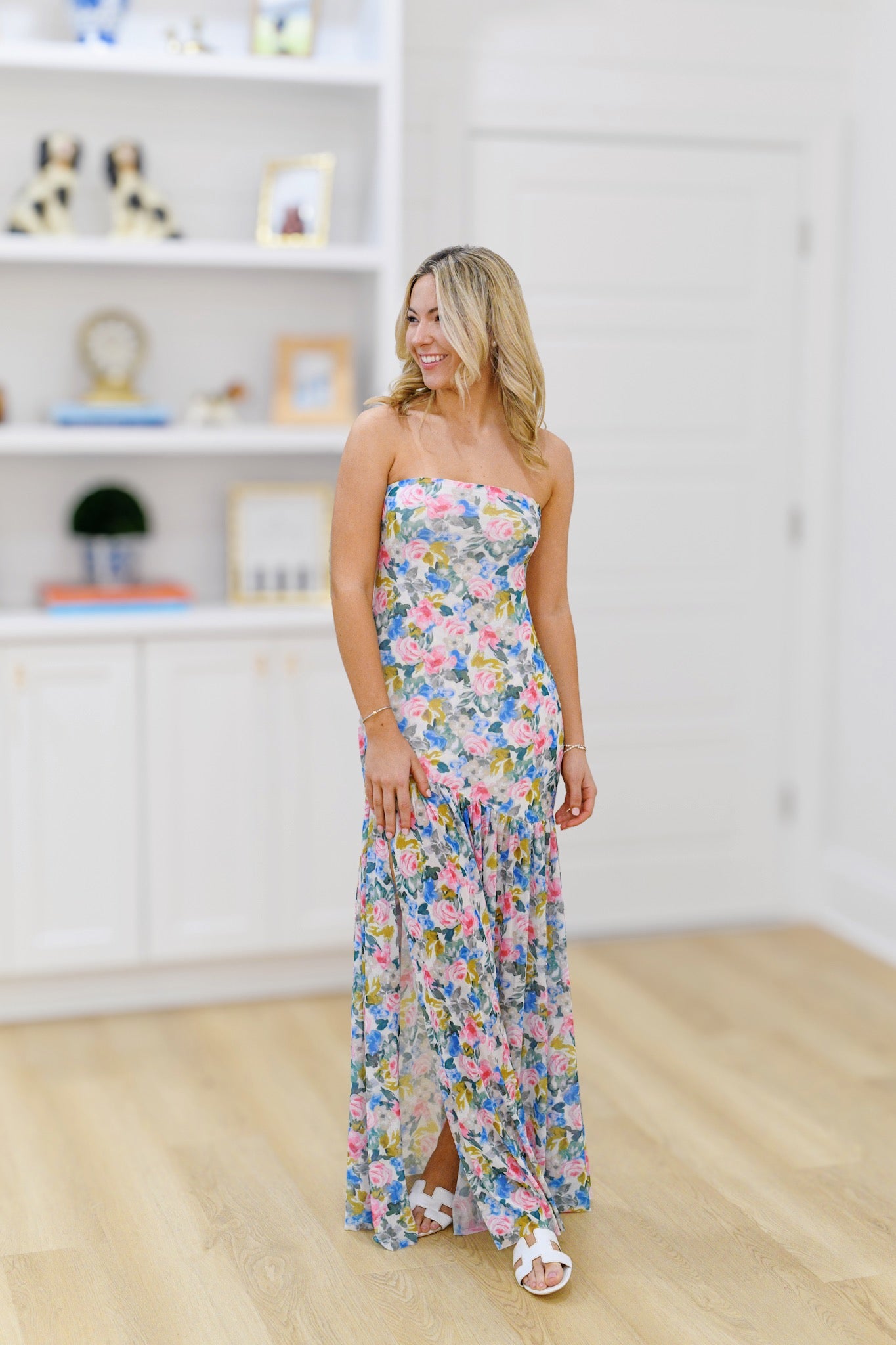 Aubrey Strapless Asymmetric Floral Maxi Dress -Cream