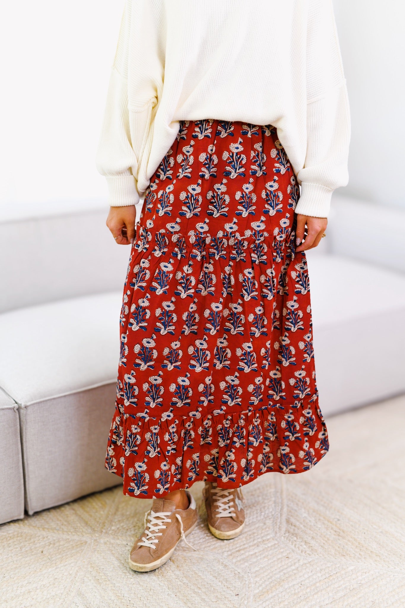 Layla Tiered Maxi Skirt - Wine and Navy