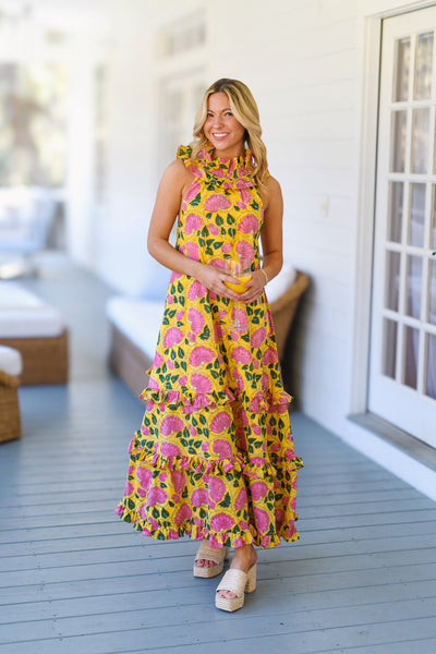 Ashley Frill Neck Maxi Dress - Yellow/Pink