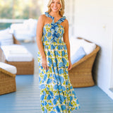 Andrea Floral Ruffle Tier Dress  - Blue/Green