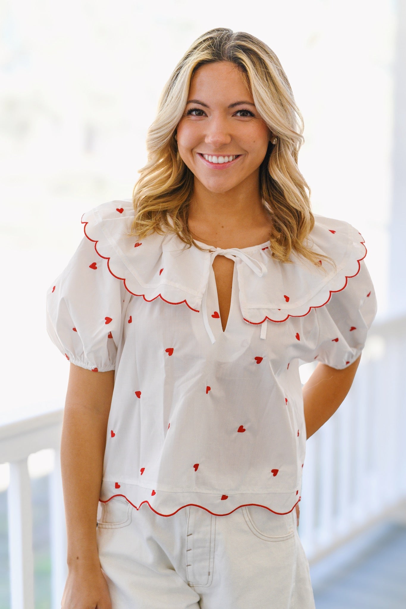 Meredith Heart Embroidered Top - White/Red