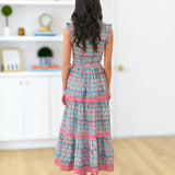 Tegan Smocking Tier Maxi Dress - Blue/Red