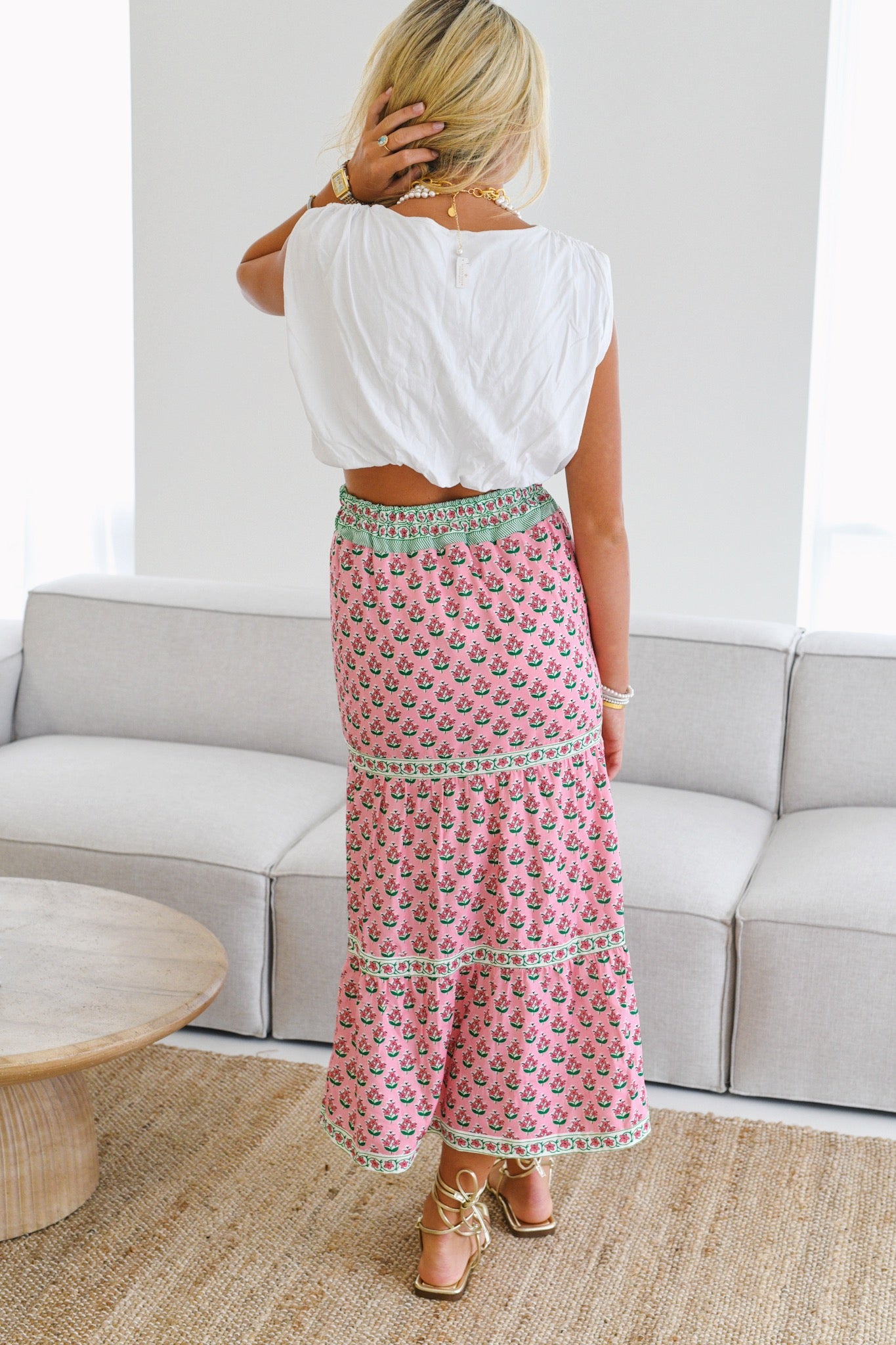 Charlotte Floral Tiered Midi Skirt-Pink/Green